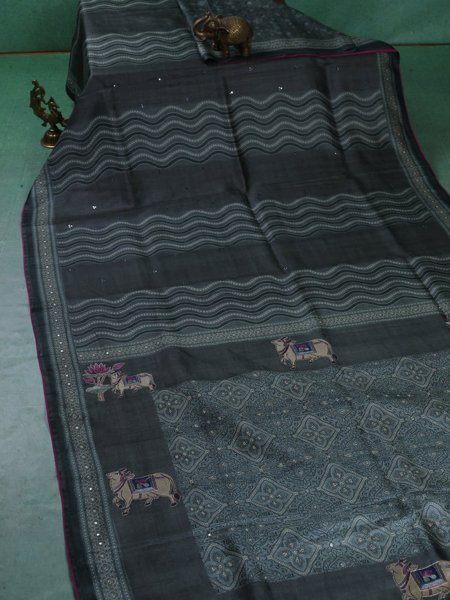 Grey Tussar Silk Saree