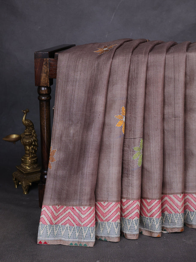 Grey Tussar Silk Saree