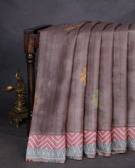 Grey Tussar Silk Saree