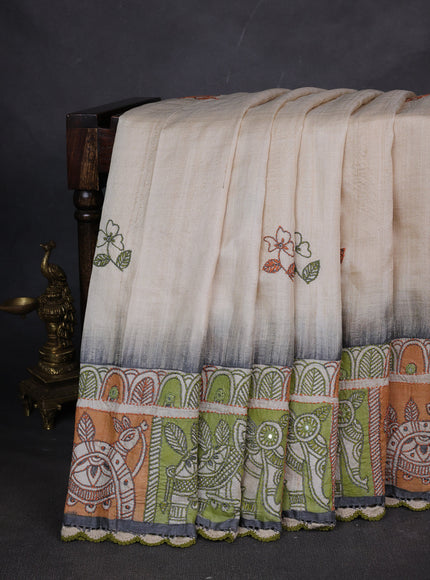 Cream Tussar Silk Saree