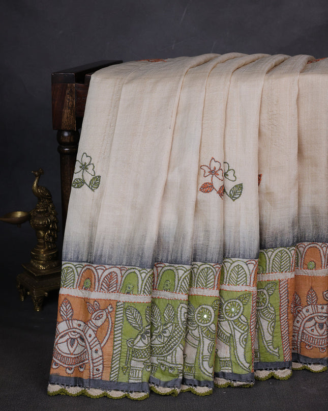 Cream Tussar Silk Saree