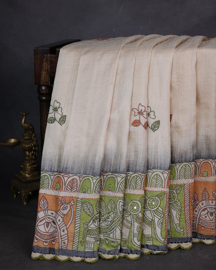 Cream Tussar Silk Saree