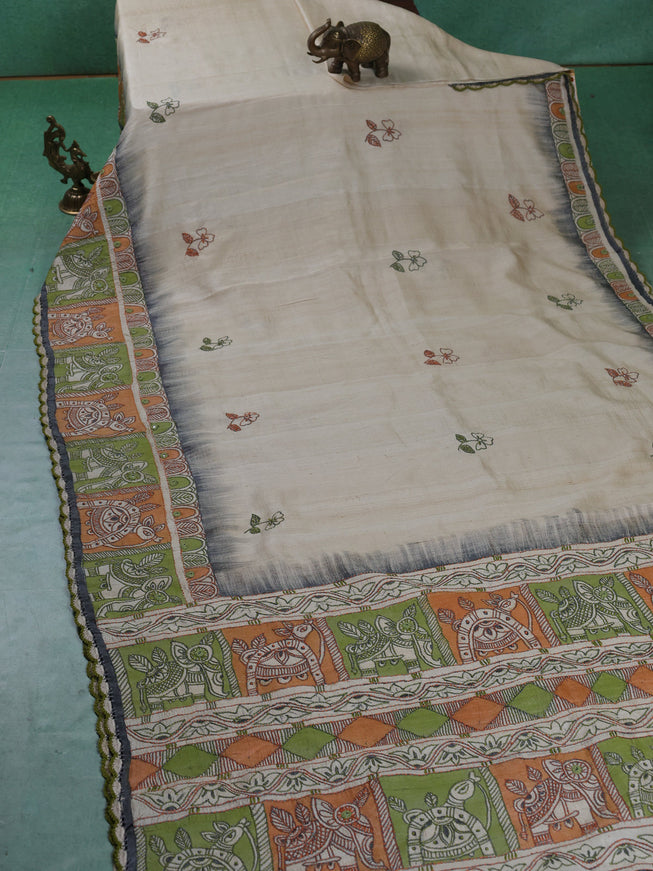 Cream Tussar Silk Saree