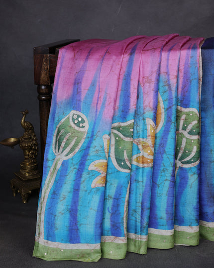 Pink-Sky Blue Tussar Silk Saree