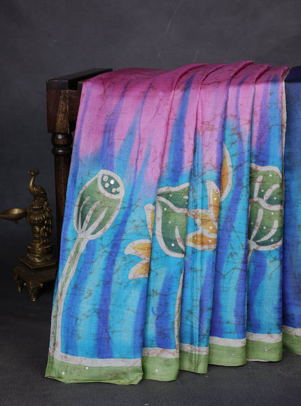 Pink-Sky Blue Tussar Silk Saree