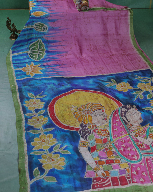 Pink-Sky Blue Tussar Silk Saree