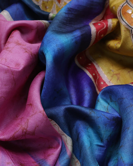Pink-Sky Blue Tussar Silk Saree