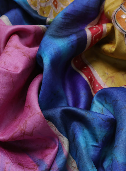 Pink-Sky Blue Tussar Silk Saree