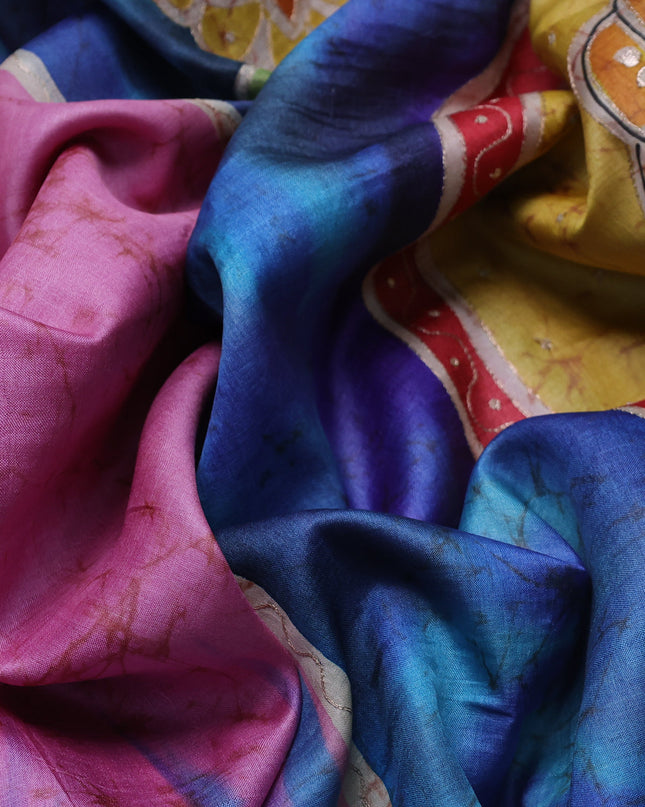 Pink-Sky Blue Tussar Silk Saree