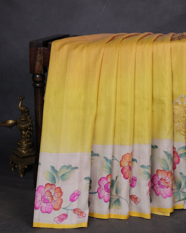 Yellow Banarasi Tussar Silk Saree