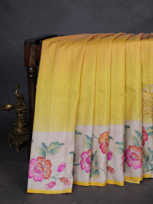 Yellow Banarasi Tussar Silk Saree
