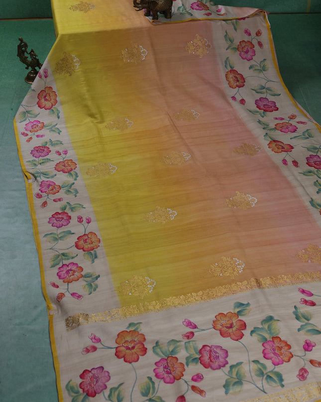 Yellow Banarasi Tussar Silk Saree