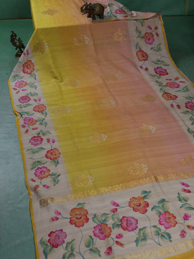 Yellow Banarasi Tussar Silk Saree