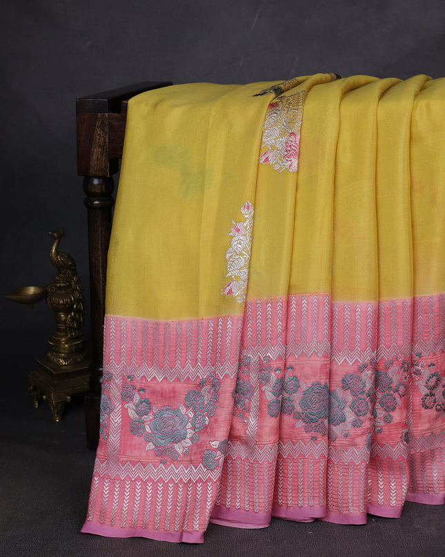 Yellow-Peach Banarasi Crepe Silk Saree