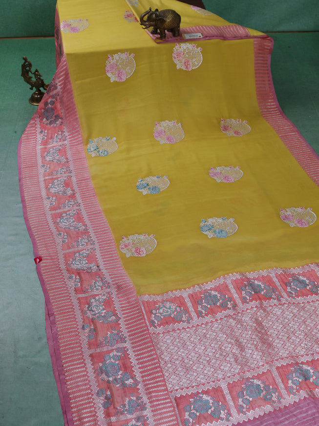 Yellow-Peach Banarasi Crepe Silk Saree