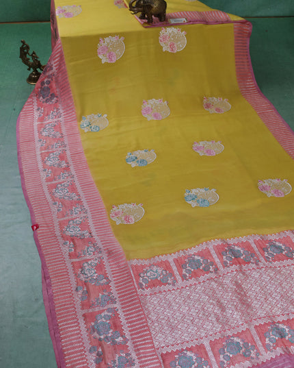 Yellow-Peach Banarasi Crepe Silk Saree