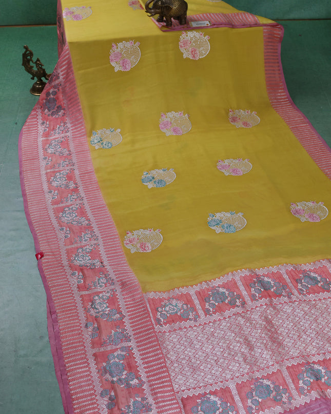 Yellow-Peach Banarasi Crepe Silk Saree