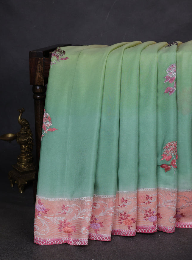 Pastel Green-Peach Banarasi Crepe Silk Saree
