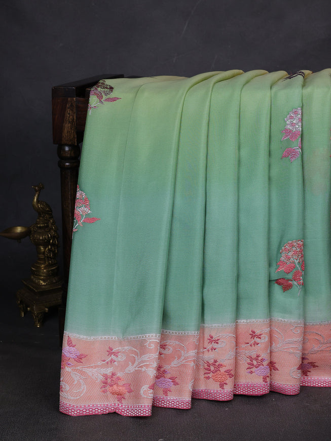 Pastel Green-Peach Banarasi Crepe Silk Saree