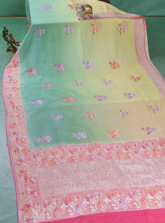 Pastel Green-Peach Banarasi Crepe Silk Saree
