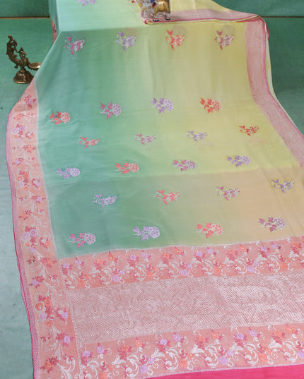 Pastel Green-Peach Banarasi Crepe Silk Saree
