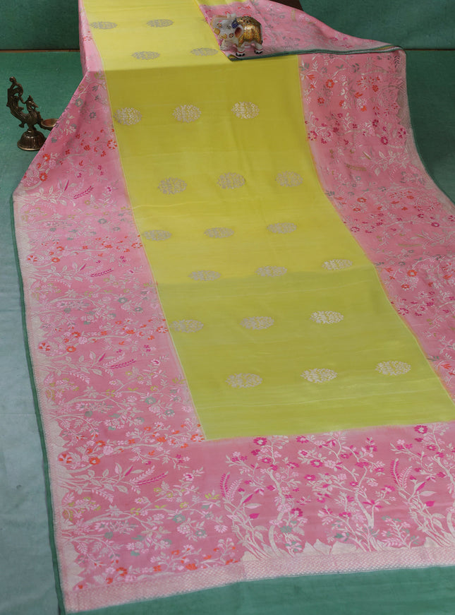 Yellow-Peach Banarasi Crepe Silk Saree