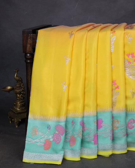 Yellow-Teal Green Banarasi Crepe Silk Saree