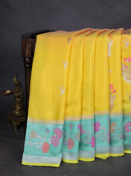 Yellow-Teal Green Banarasi Crepe Silk Saree