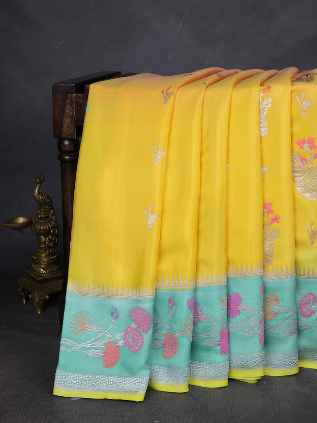 Yellow-Teal Green Banarasi Crepe Silk Saree
