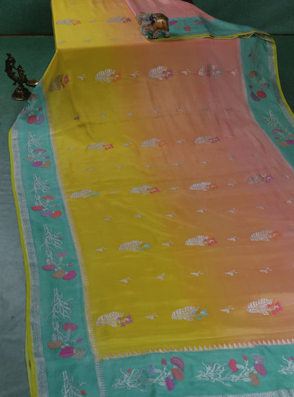 Yellow-Teal Green Banarasi Crepe Silk Saree