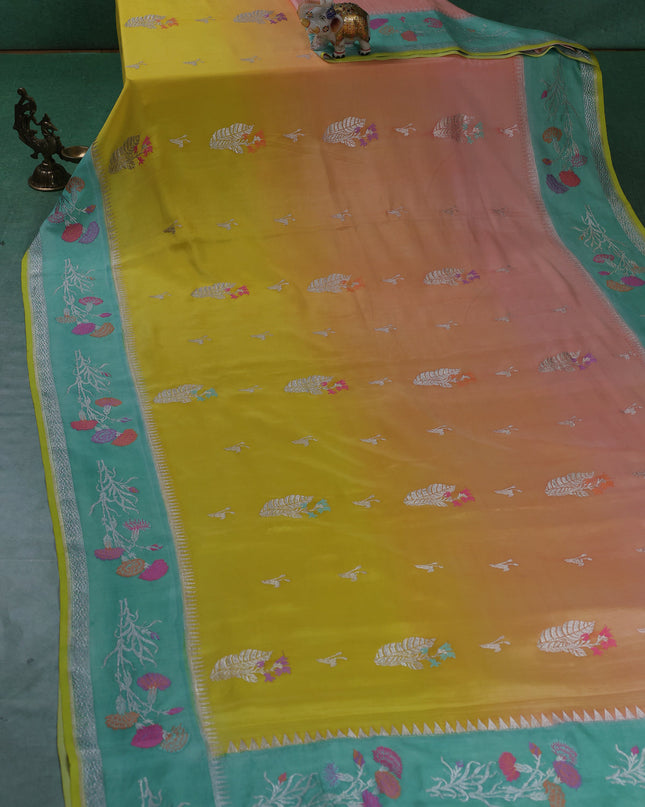 Yellow-Teal Green Banarasi Crepe Silk Saree