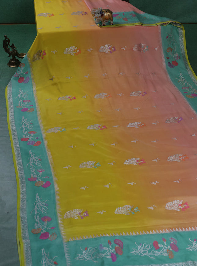 Yellow-Teal Green Banarasi Crepe Silk Saree