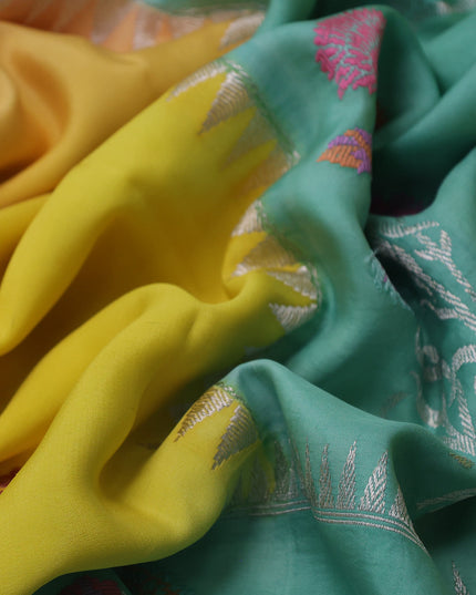 Yellow-Teal Green Banarasi Crepe Silk Saree