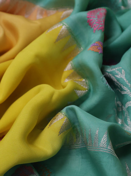 Yellow-Teal Green Banarasi Crepe Silk Saree