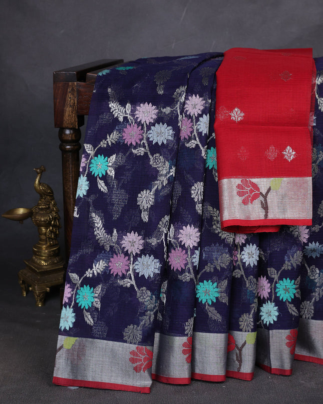 Blue-Maroon Real Zari Cotton Kota Saree
