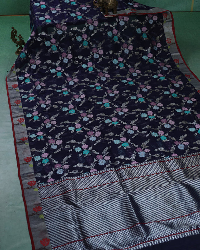 Blue-Maroon Real Zari Cotton Kota Saree