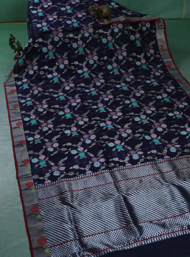 Blue-Maroon Real Zari Cotton Kota Saree