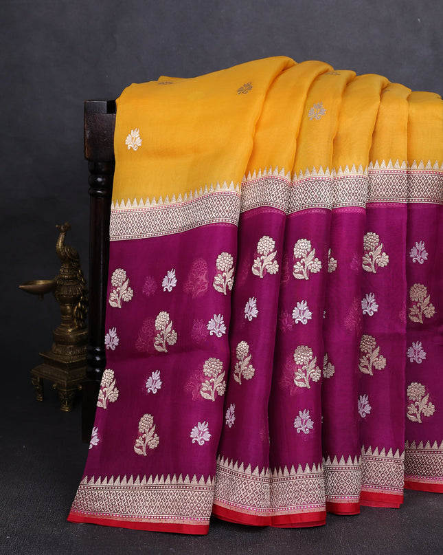 Mustard Yellow-Magenta Pink Banarasi Kora Saree