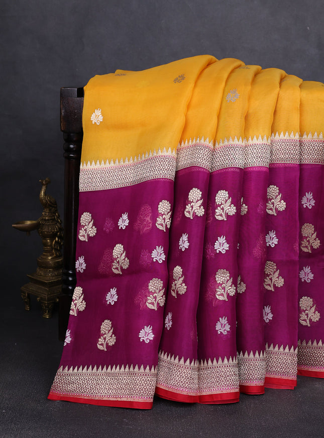 Mustard Yellow-Magenta Pink Banarasi Kora Saree