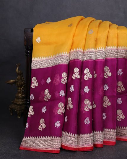 Mustard Yellow-Magenta Pink Banarasi Kora Saree
