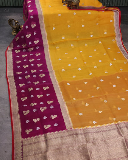 Mustard Yellow-Magenta Pink Banarasi Kora Saree