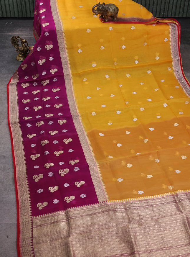 Mustard Yellow-Magenta Pink Banarasi Kora Saree