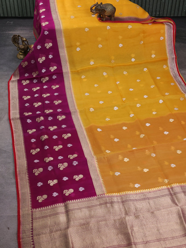 Mustard Yellow-Magenta Pink Banarasi Kora Saree