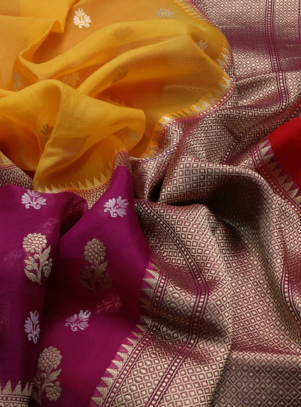 Mustard Yellow-Magenta Pink Banarasi Kora Saree