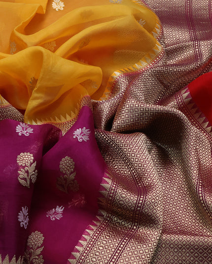 Mustard Yellow-Magenta Pink Banarasi Kora Saree