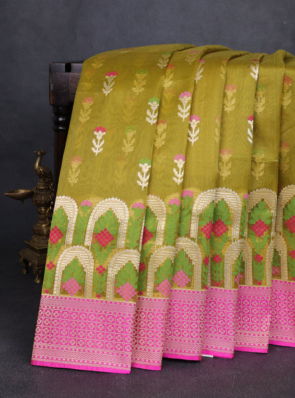 Olive Green-Rani Pink Banarasi Kora Saree