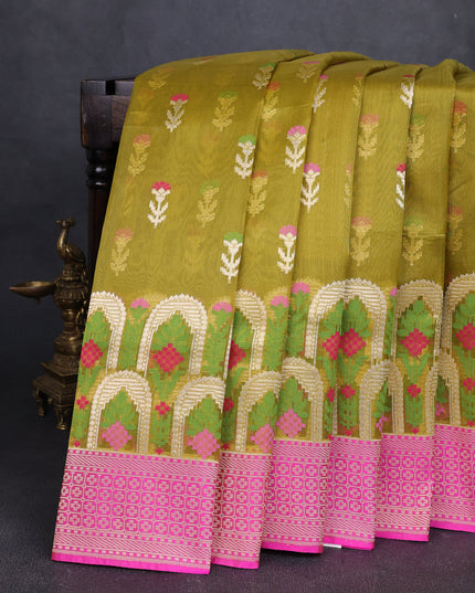 Olive Green-Rani Pink Banarasi Kora Saree