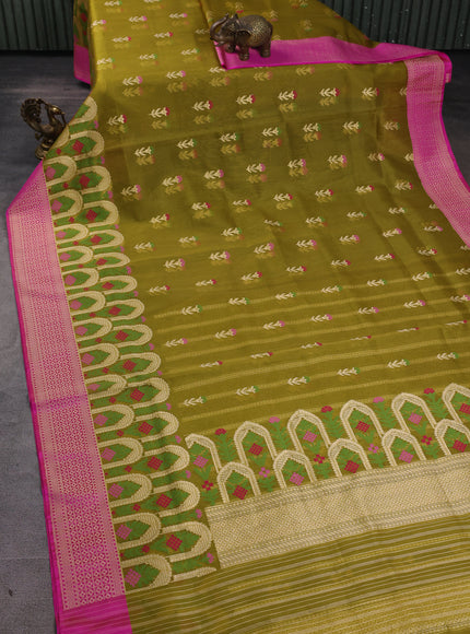 Olive Green-Rani Pink Banarasi Kora Saree