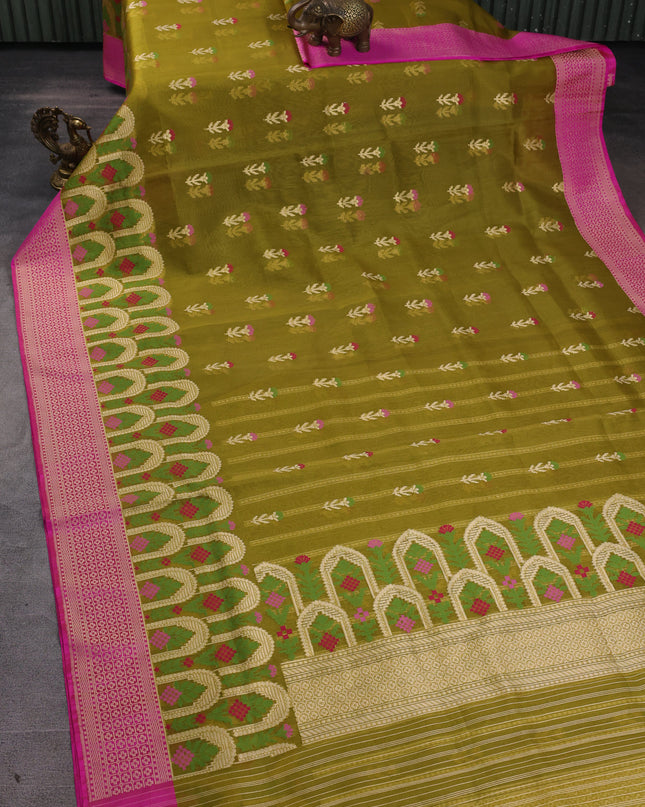 Olive Green-Rani Pink Banarasi Kora Saree