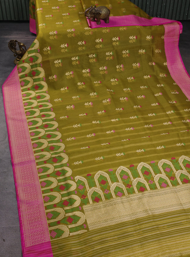Olive Green-Rani Pink Banarasi Kora Saree